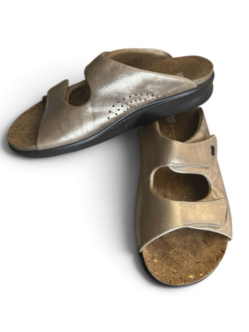 SAS Cozy Adjustable Slide Sandals in Light Metallic Gold Cork Insole Size 9.5 W